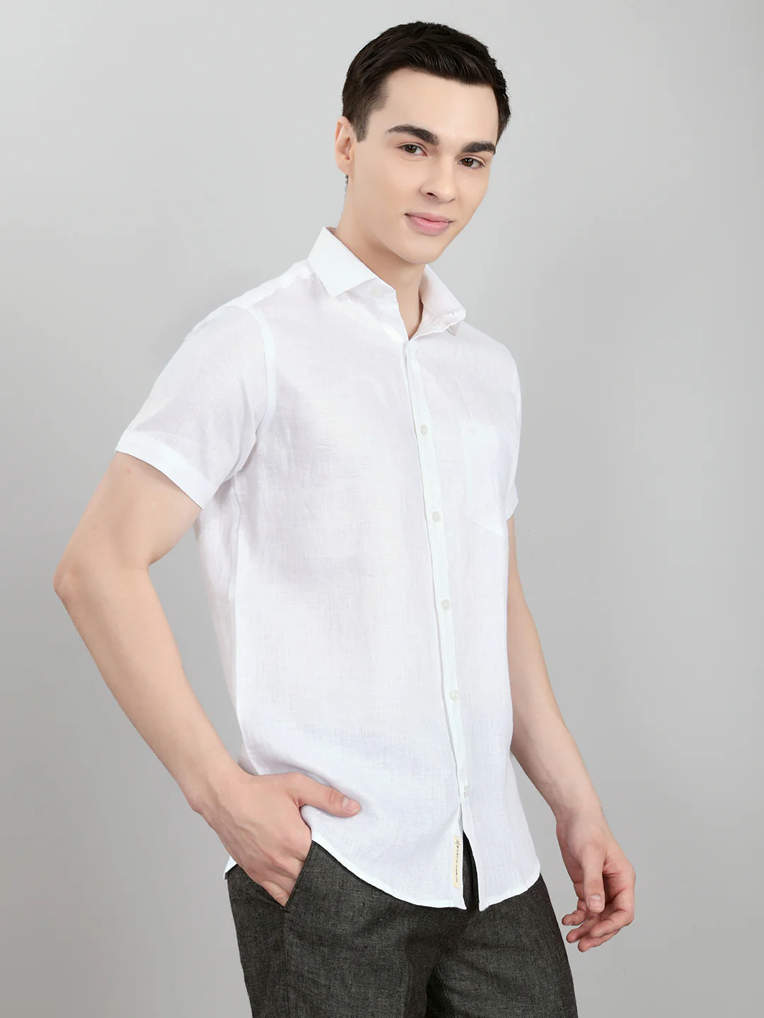 Men White Self Design Collar Half Sleeve Shirt - Image 3