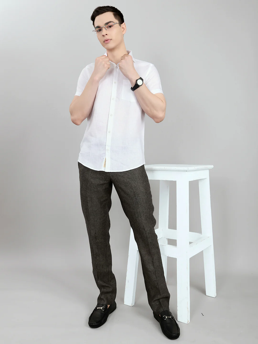Men White Self Design Collar Half Sleeve Shirt - Image 6