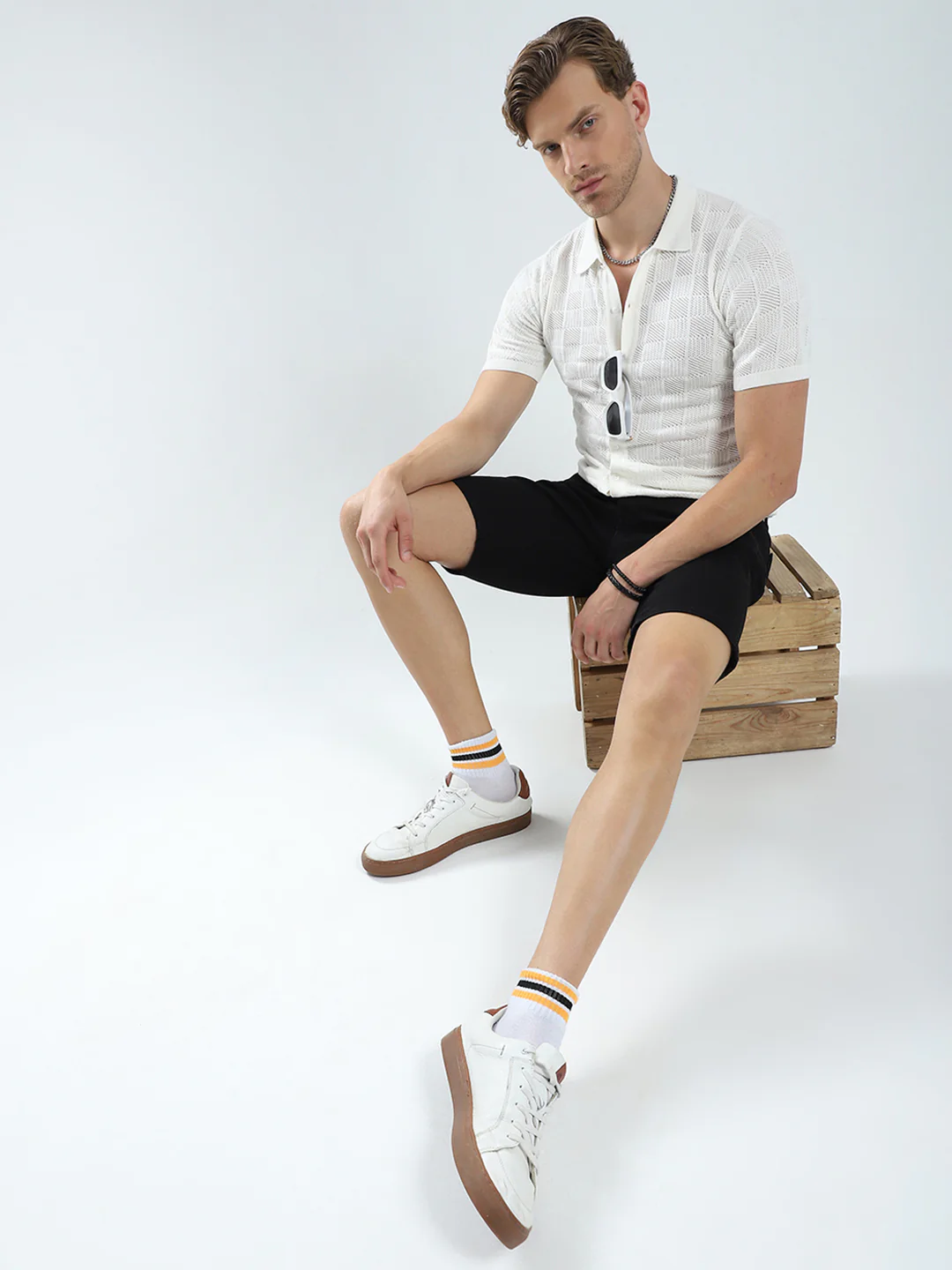 Men White Self Design Collar Half Sleeve T-Shirt - Image 2