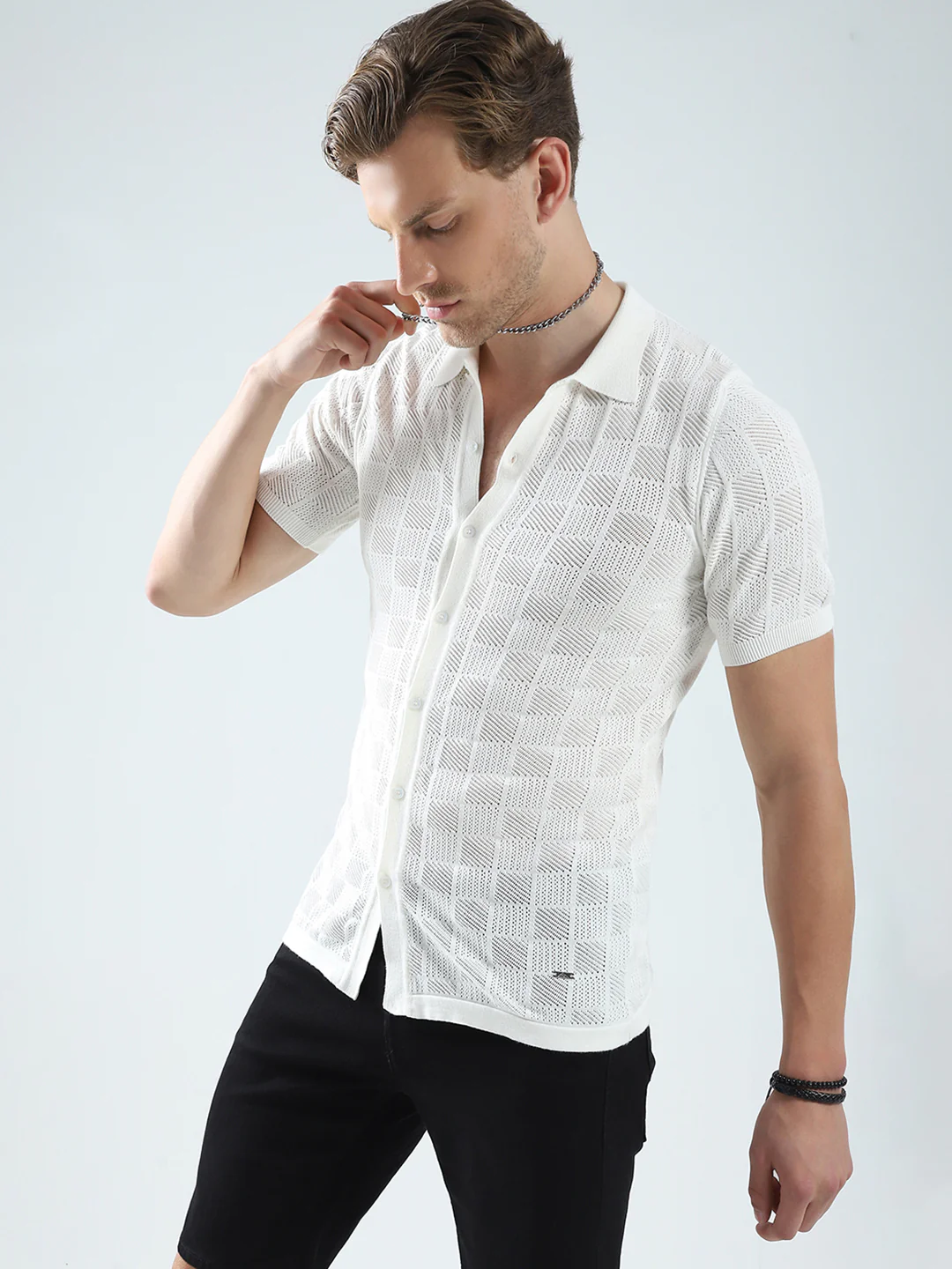 Men White Self Design Collar Half Sleeve T-Shirt - Image 5
