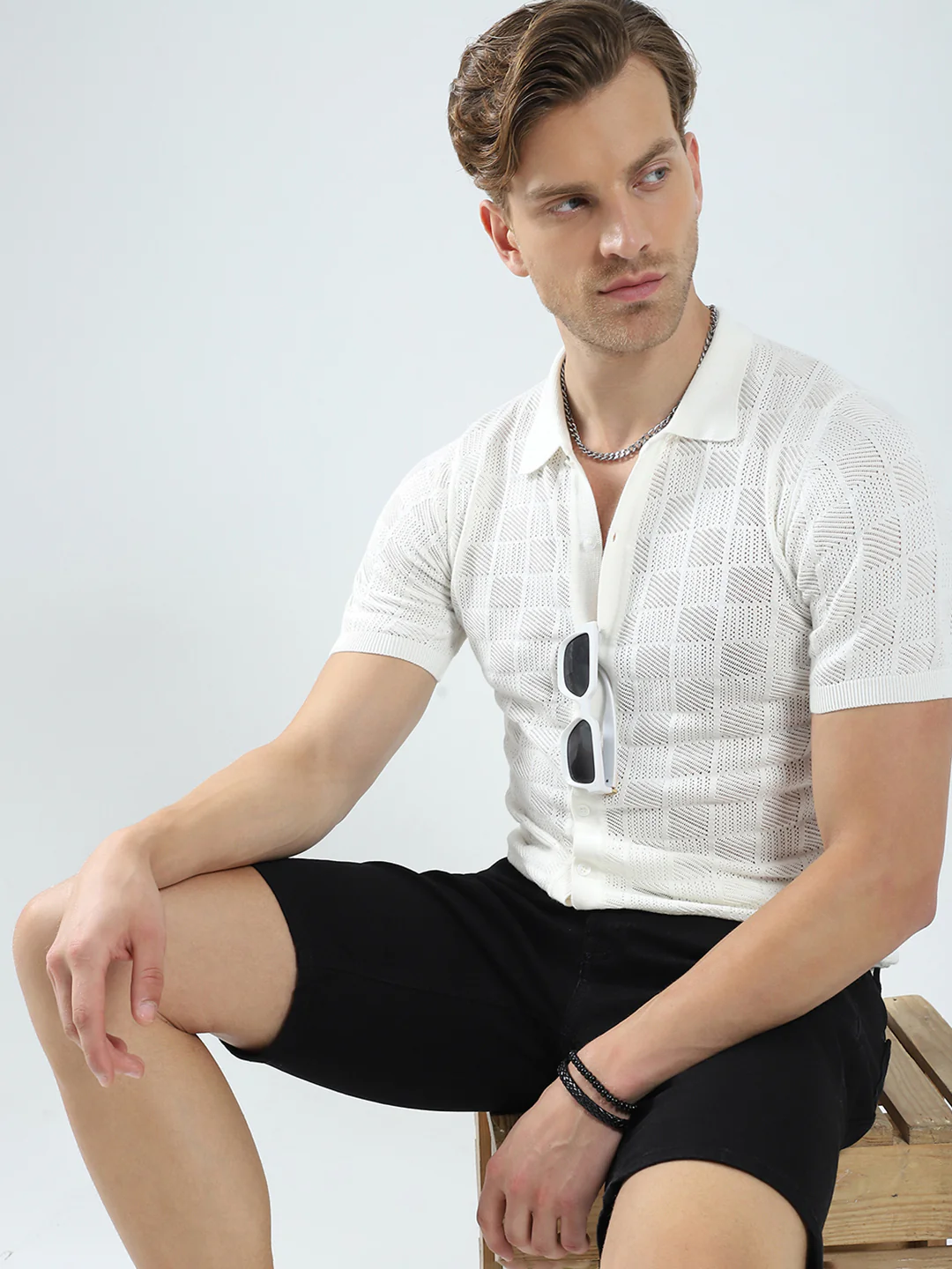 Men White Self Design Collar Half Sleeve T-Shirt - Image 6