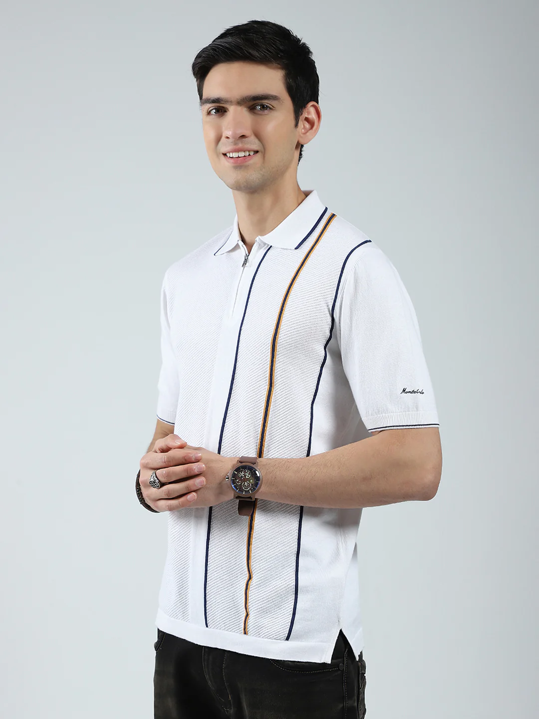 Men White Self Design Collar Half Sleeve T-Shirt - Image 3