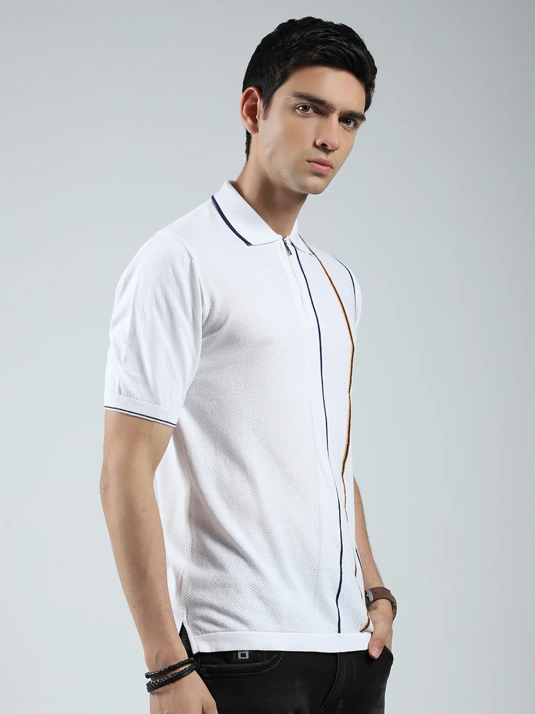 Men White Self Design Collar Half Sleeve T-Shirt - Image 4