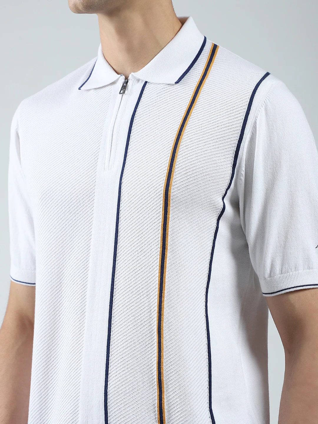 Men White Self Design Collar Half Sleeve T-Shirt - Image 7