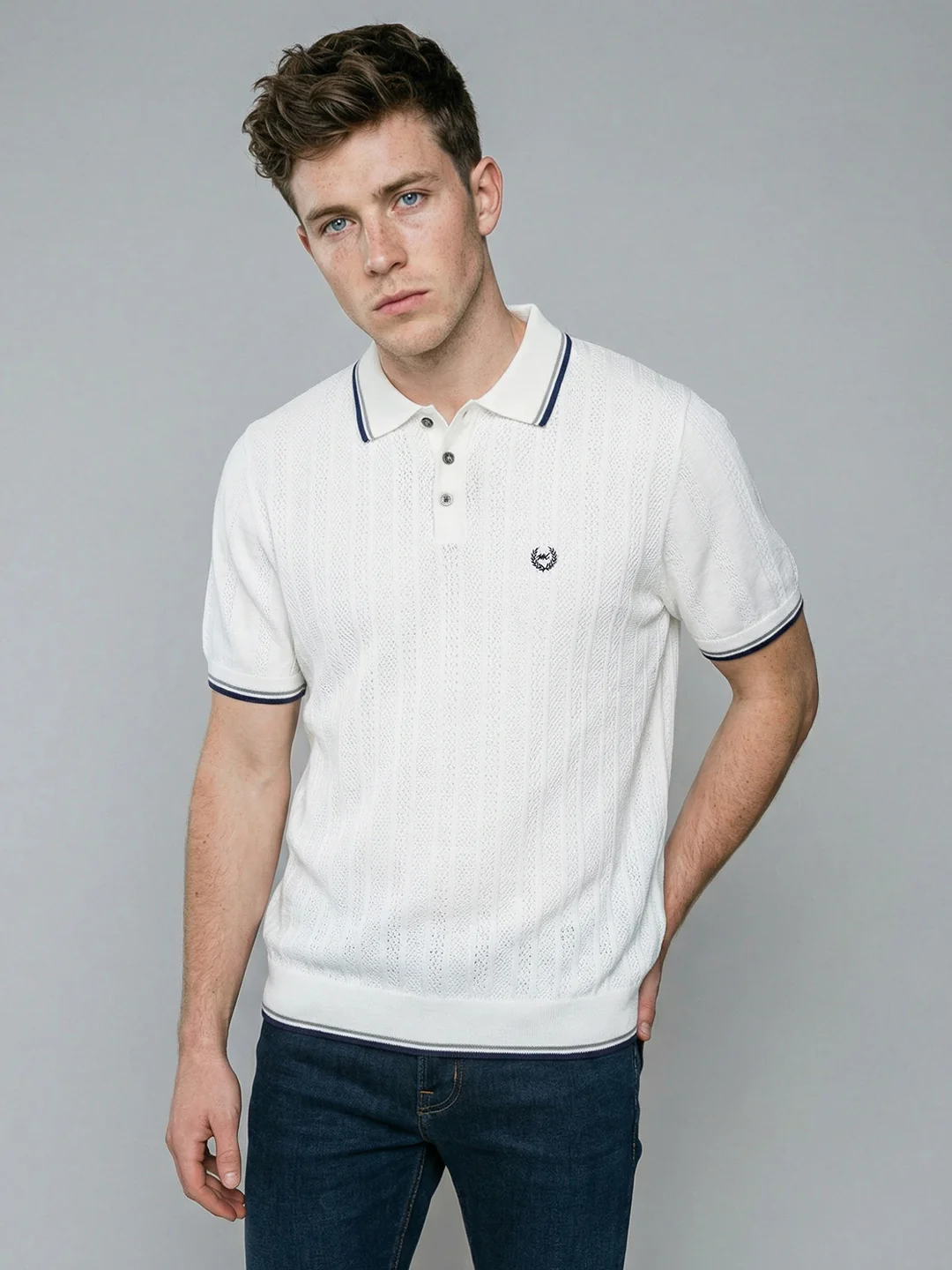 Men White Self Design Collar Half Sleeve T-Shirt - Image 3