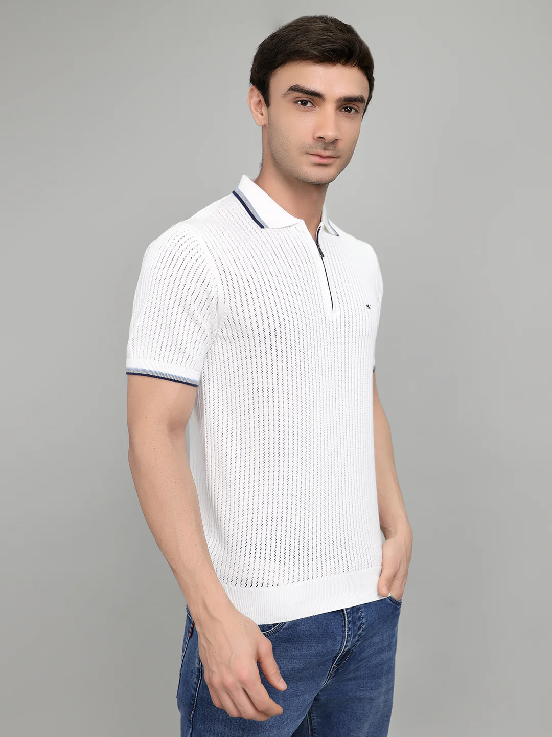 Men White Self Design Collar Half Sleeve T-Shirt - Image 3