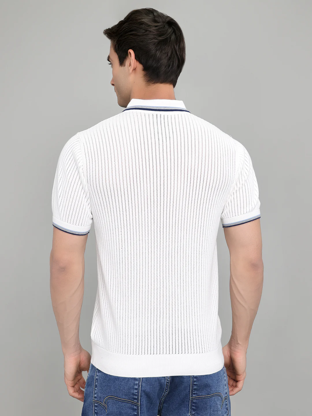 Men White Self Design Collar Half Sleeve T-Shirt - Image 4