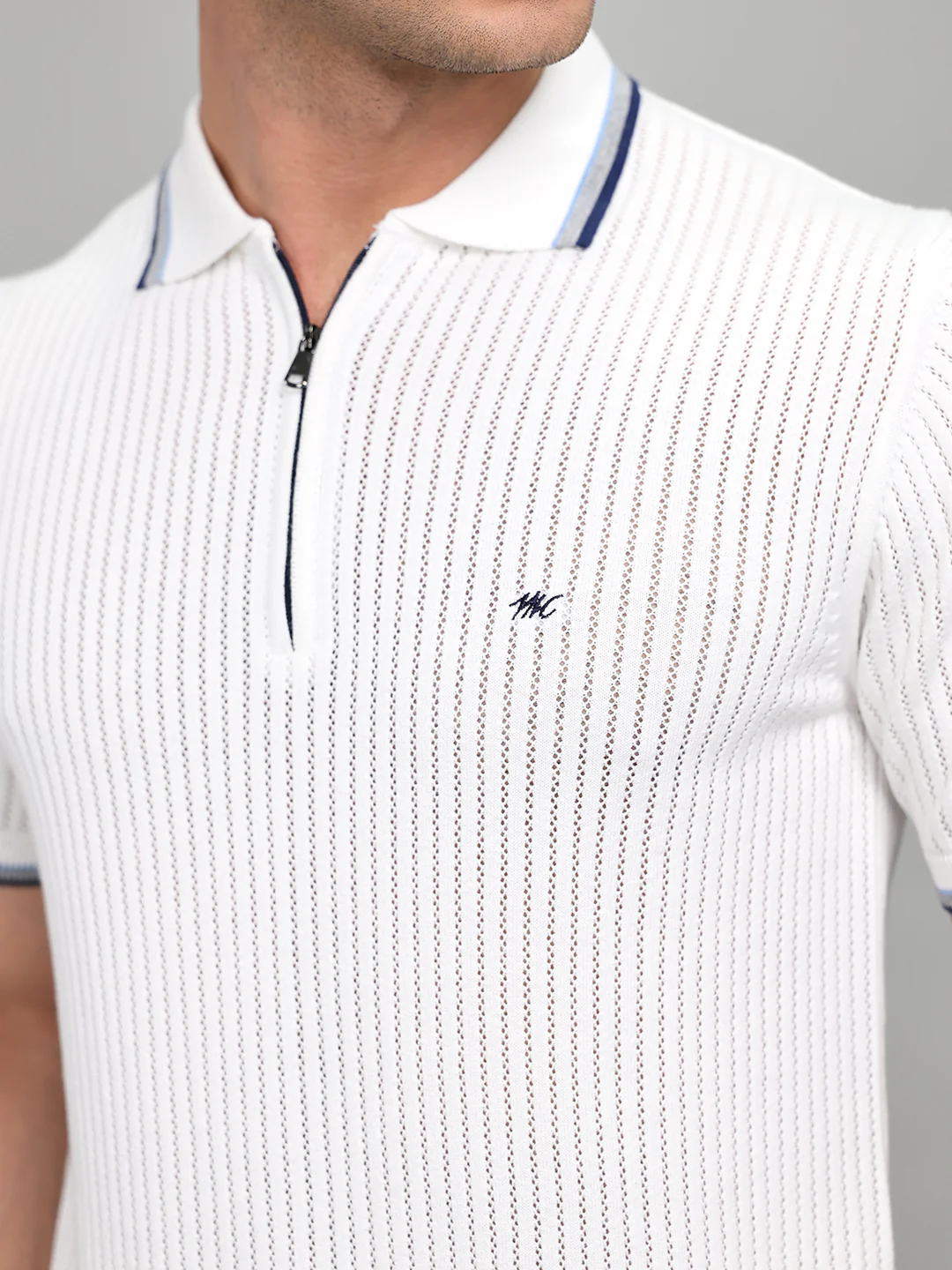 Men White Self Design Collar Half Sleeve T-Shirt - Image 5