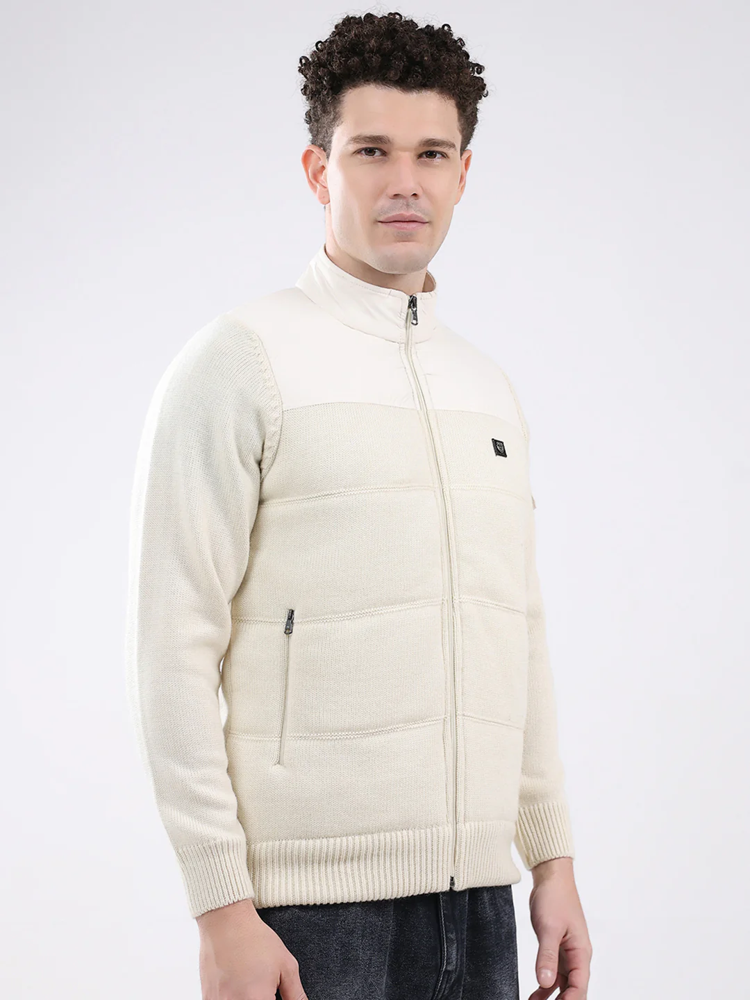 Men White Self Design Mock Neck Full Sleeve Jacket - Image 4