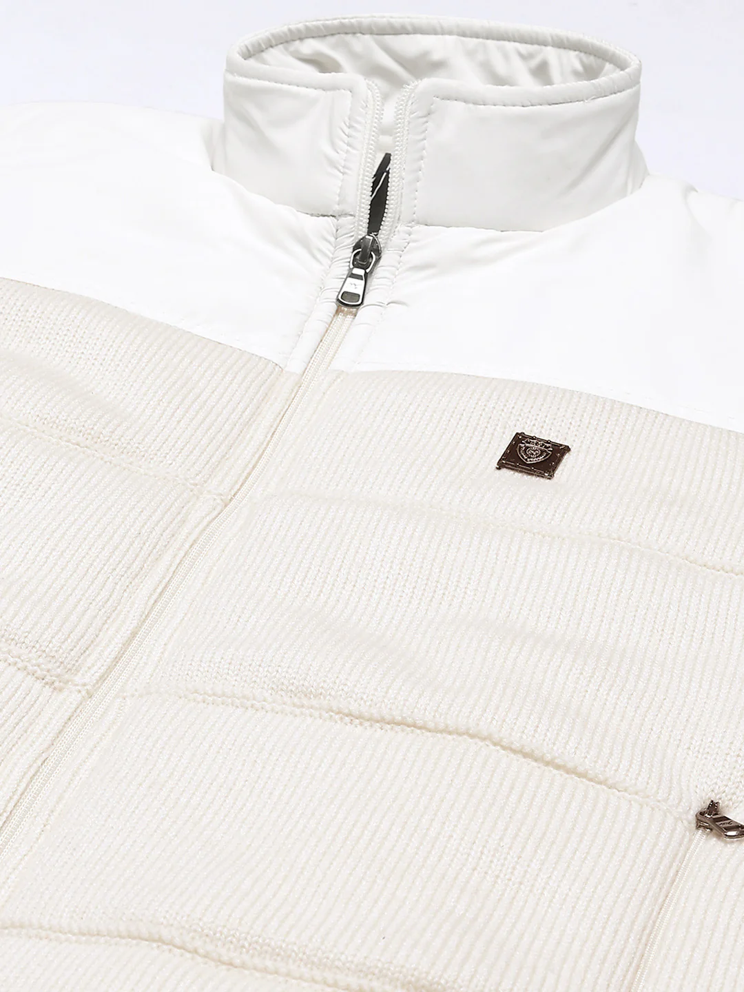 Men White Self Design Mock Neck Full Sleeve Jacket - Image 7