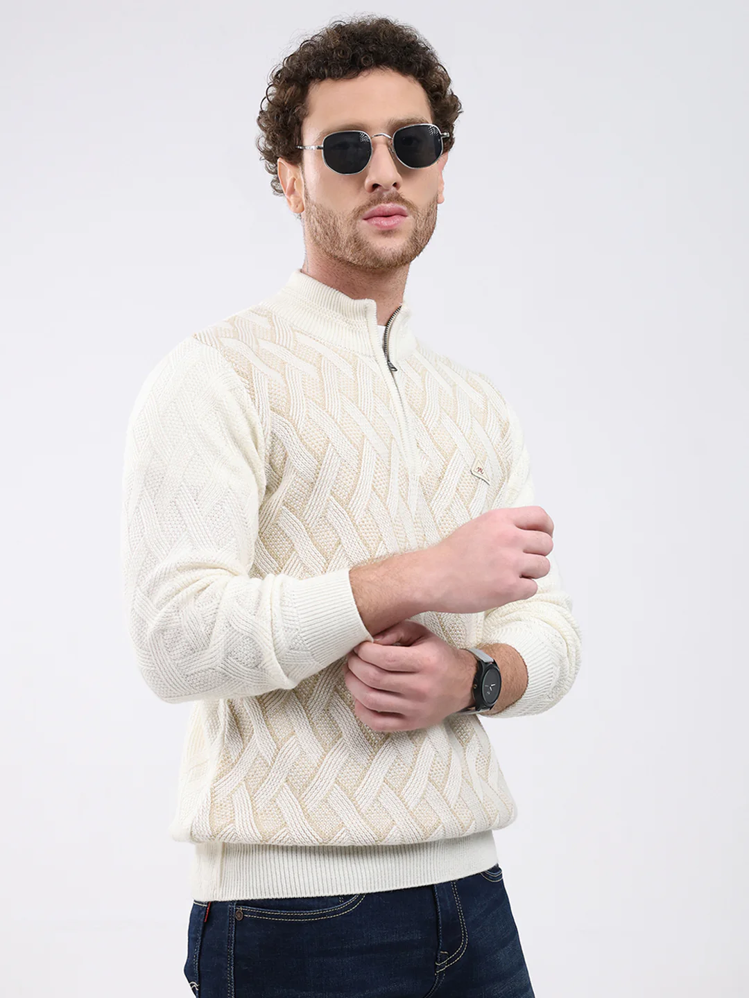 Men White Self Design Mock Neck Full Sleeve Pullover - Image 4