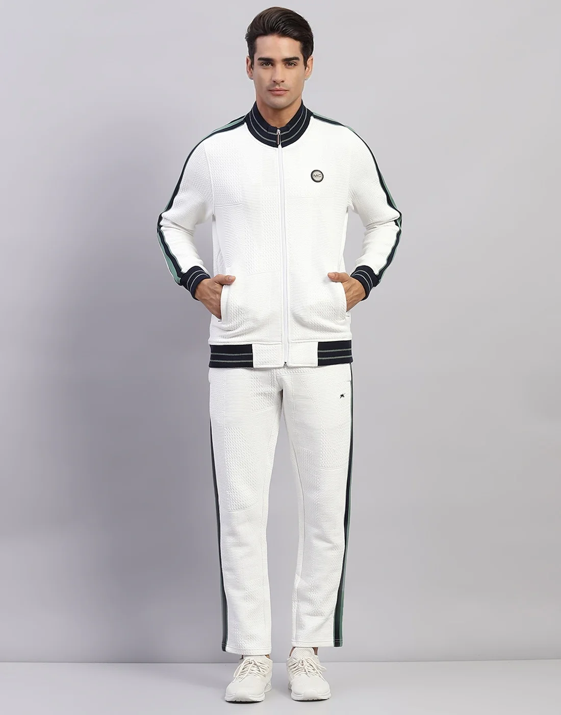 Men White Self Design Mock Neck Full Sleeve Winter Tracksuit - Image 2