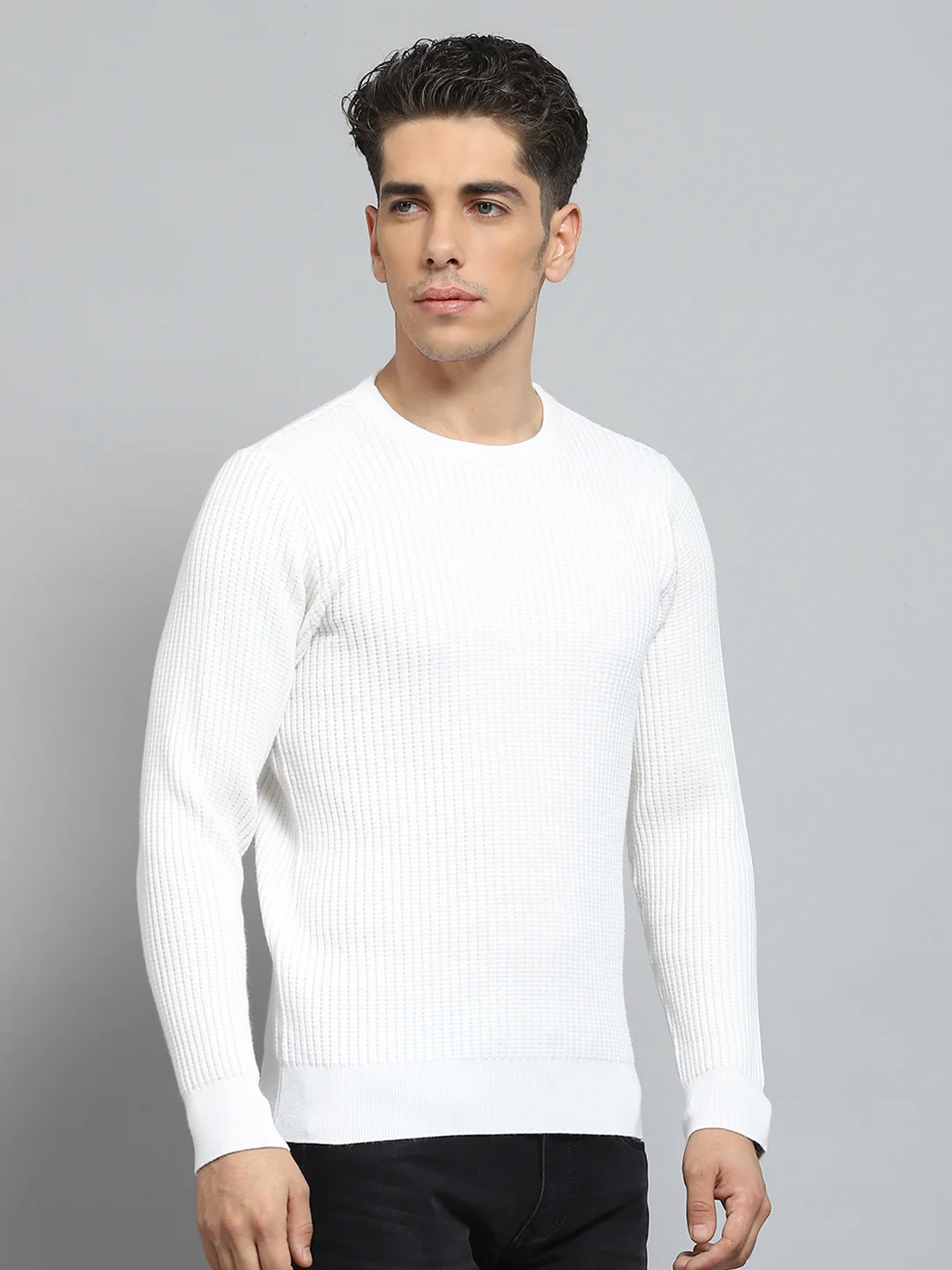 Men White Self Design Round Neck Full Sleeve Pullover - Image 4