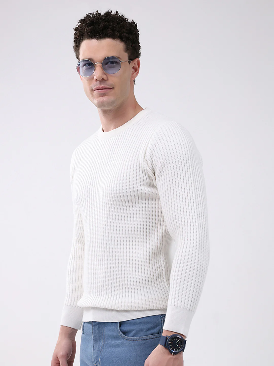 Men White Self Design Round Neck Full Sleeve Pullover - Image 3