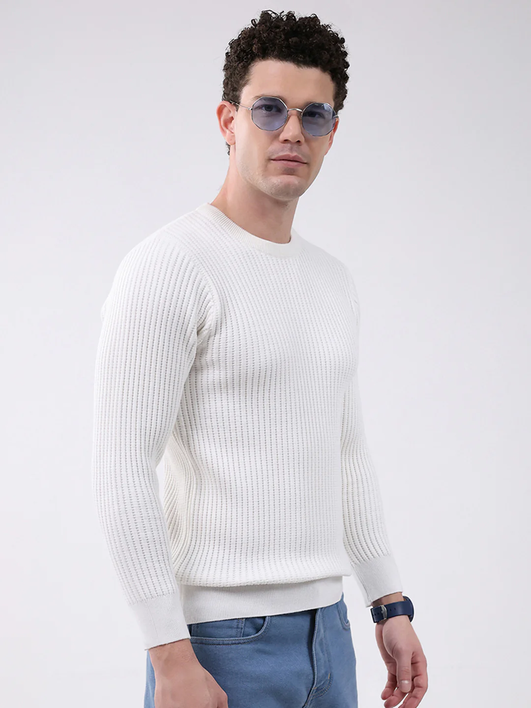 Men White Self Design Round Neck Full Sleeve Pullover - Image 4