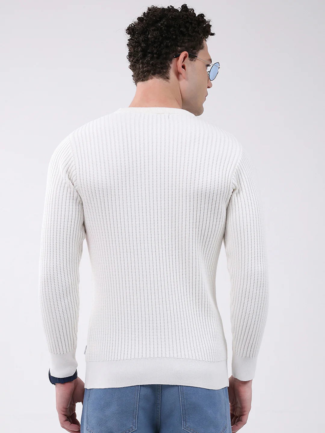 Men White Self Design Round Neck Full Sleeve Pullover - Image 5