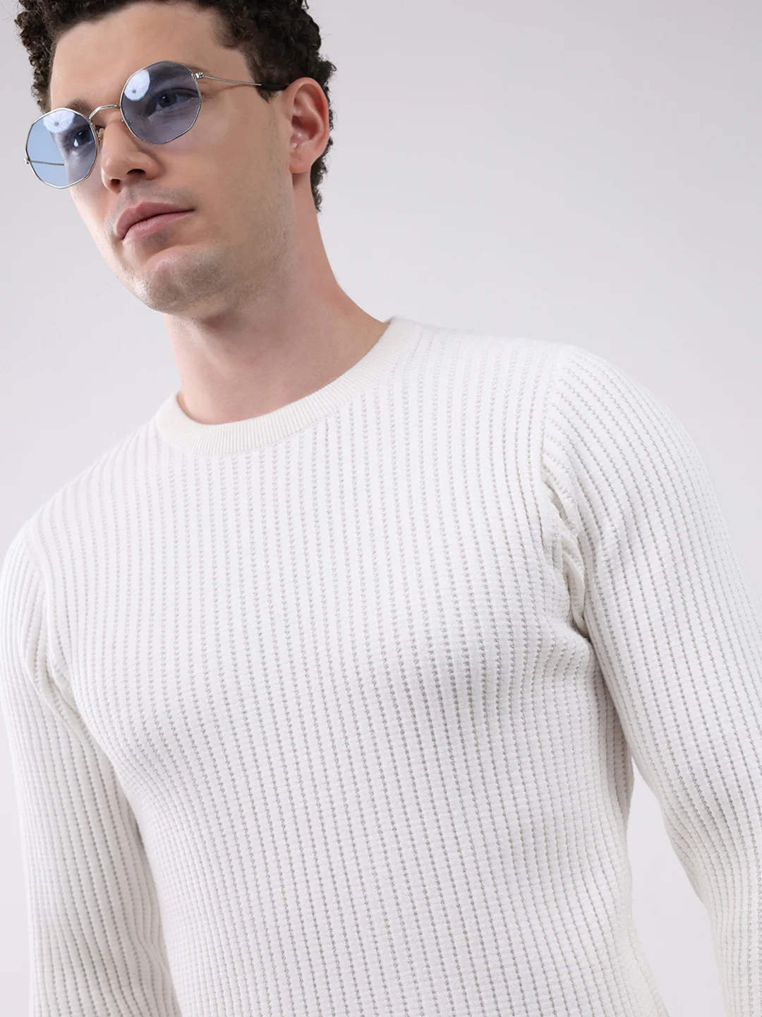 Men White Self Design Round Neck Full Sleeve Pullover - Image 7