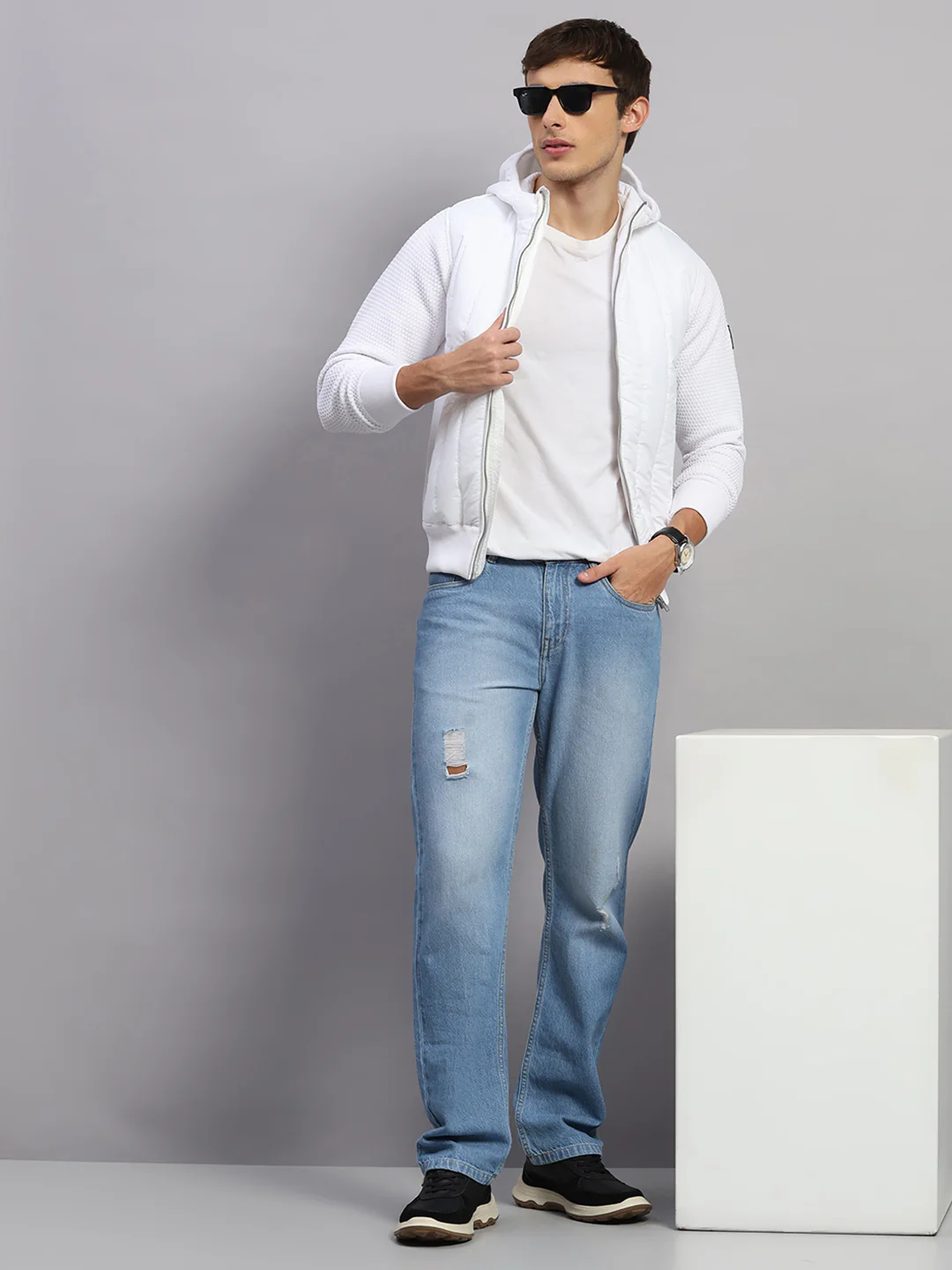 Men White Self Design Round Neck Full Sleeve Pullover - Image 2