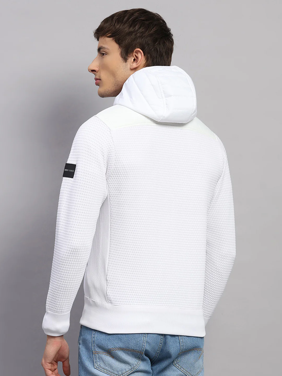 Men White Self Design Round Neck Full Sleeve Pullover - Image 5