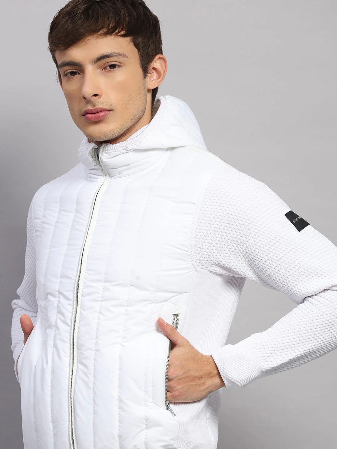 Men White Self Design Round Neck Full Sleeve Pullover - Image 6