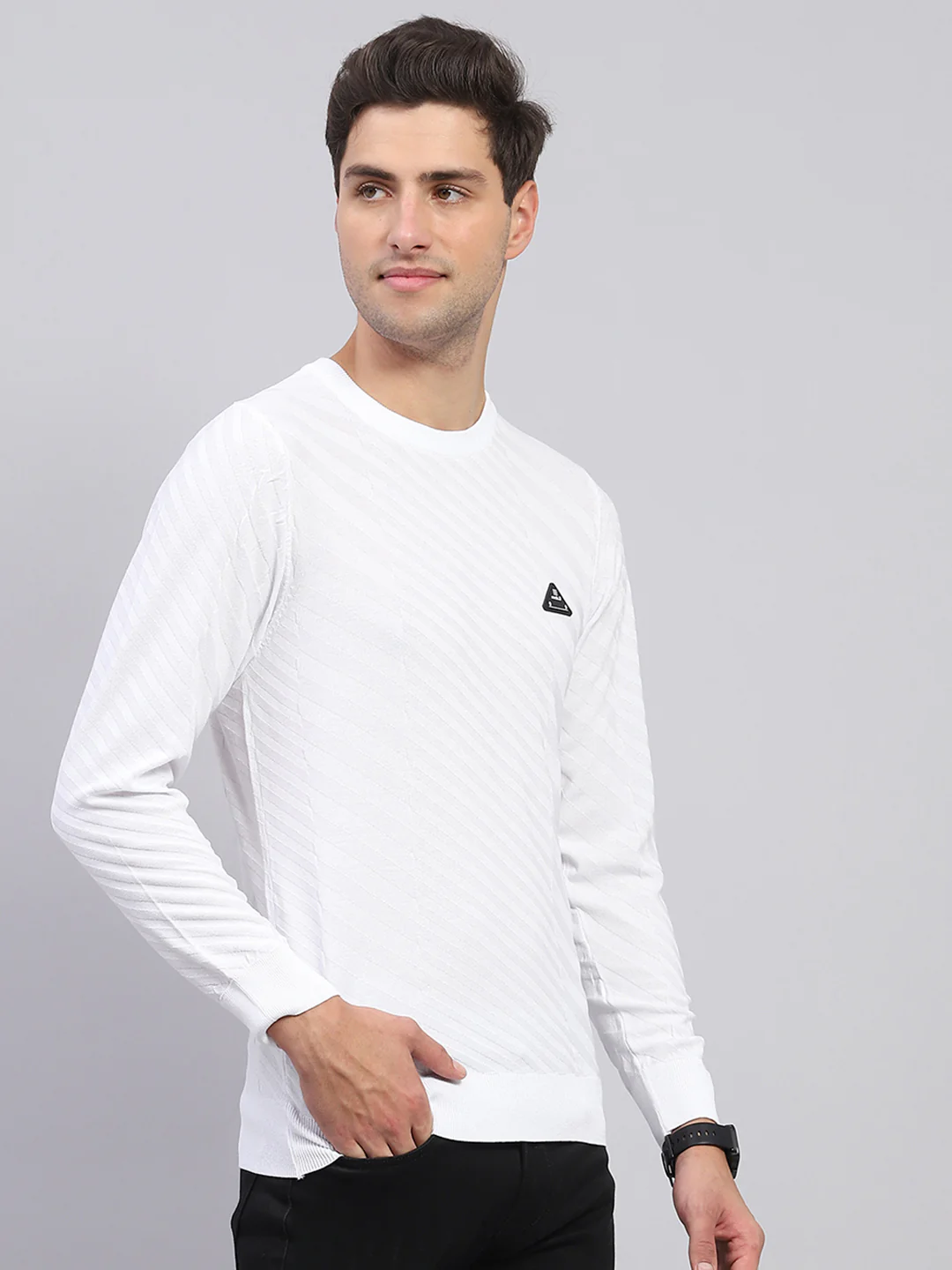 Rock.it Men White Self Design Round Neck Full Sleeve Pullover - Image 4