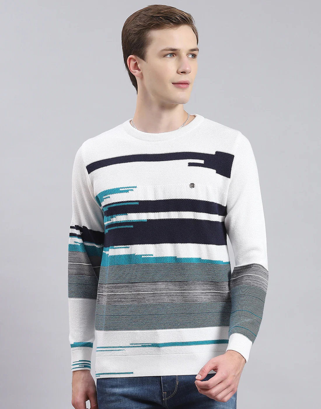 Men White Self Design Round Neck Full Sleeve Sweater - Image 2