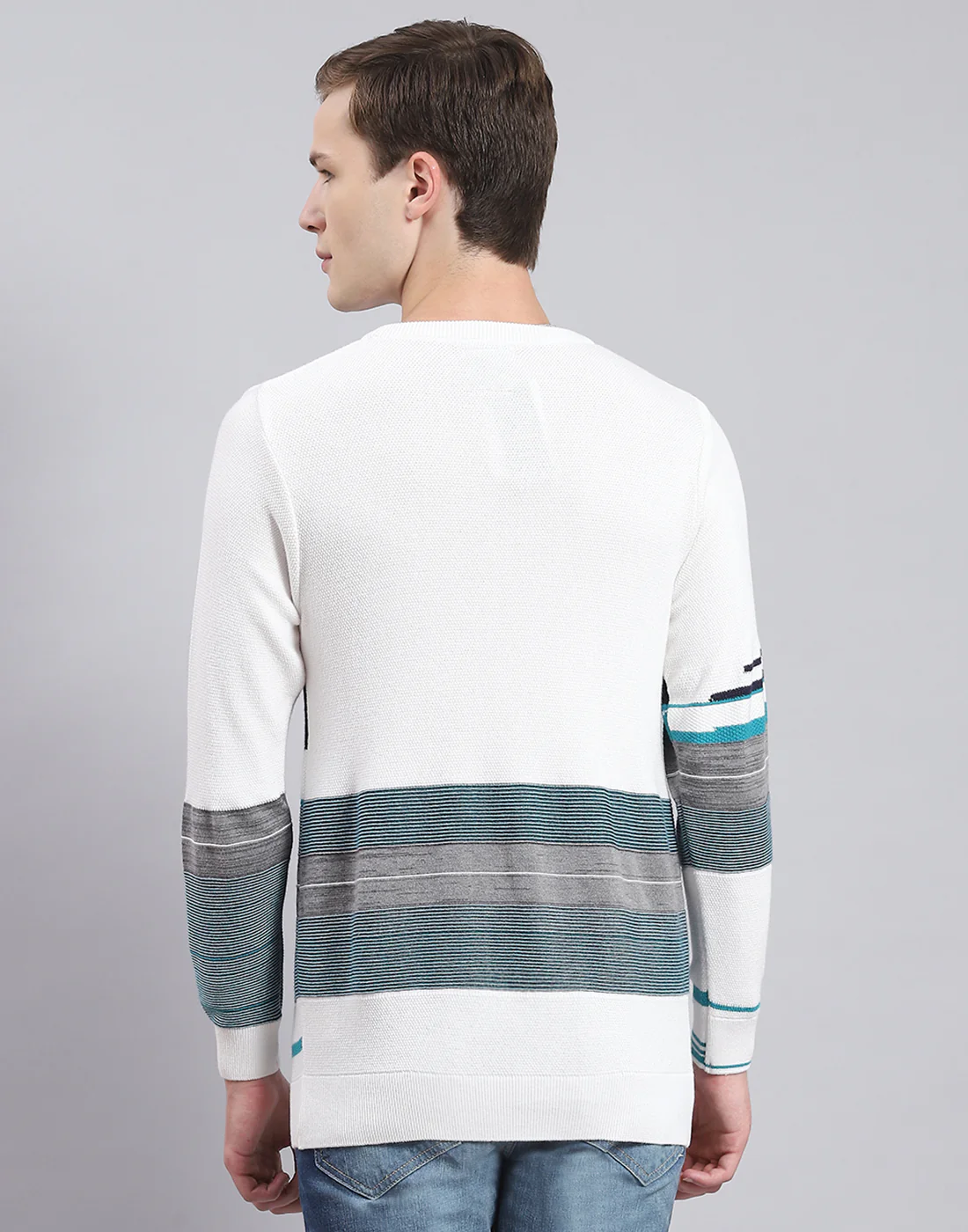 Men White Self Design Round Neck Full Sleeve Sweater - Image 5