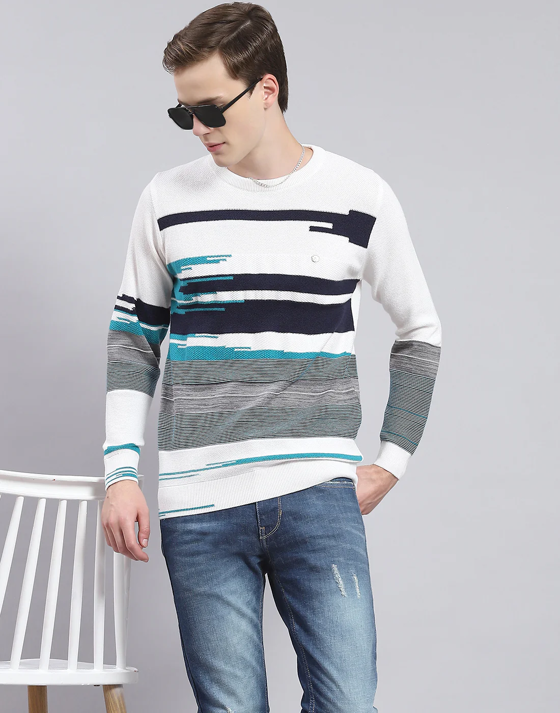 Men White Self Design Round Neck Full Sleeve Sweater - Image 6