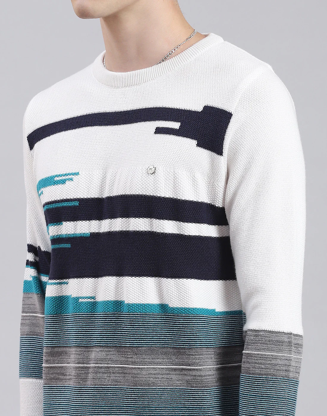 Men White Self Design Round Neck Full Sleeve Sweater - Image 7