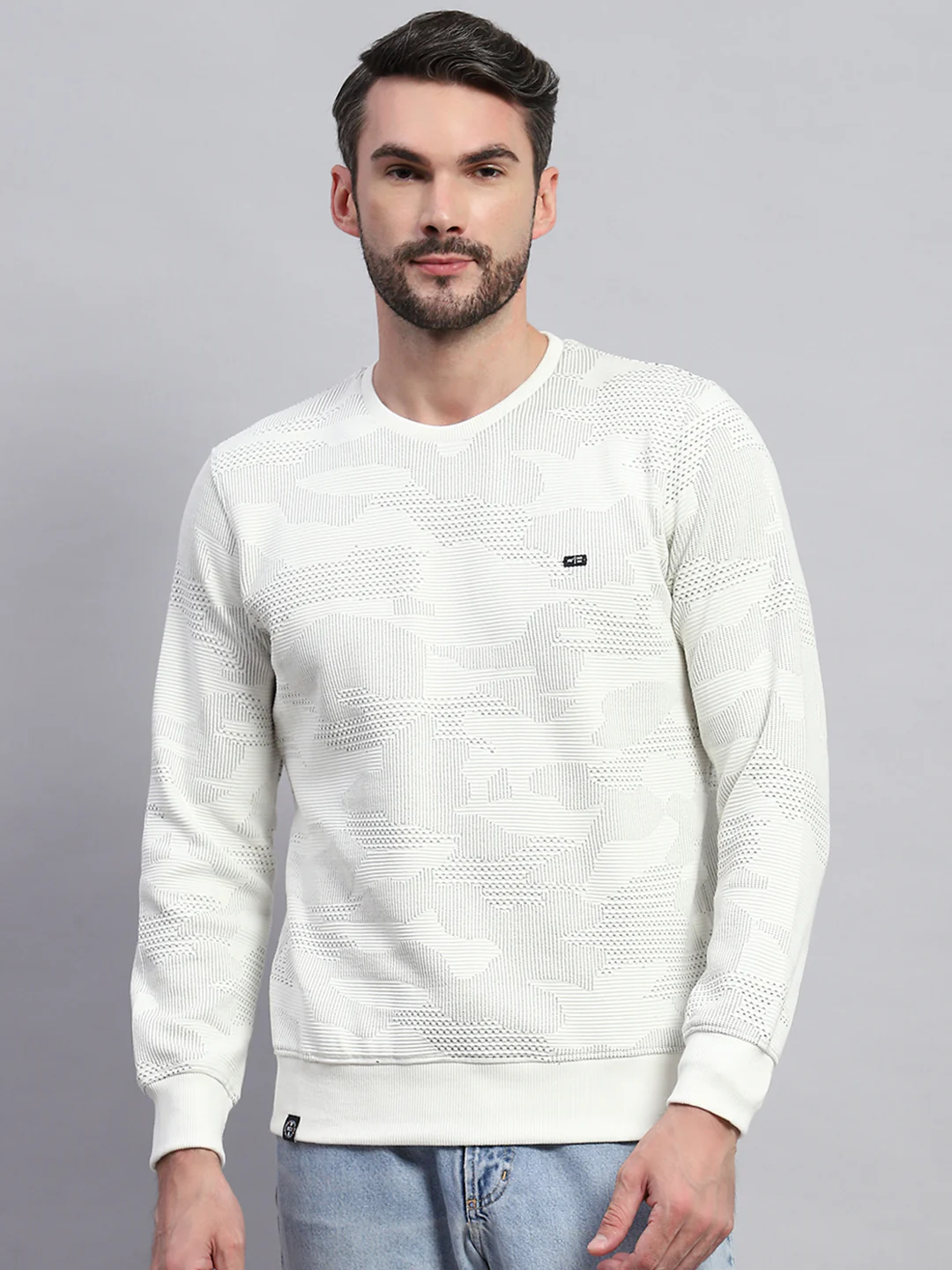 Men White Self Design Round Neck Full Sleeve T-Shirt - Image 2