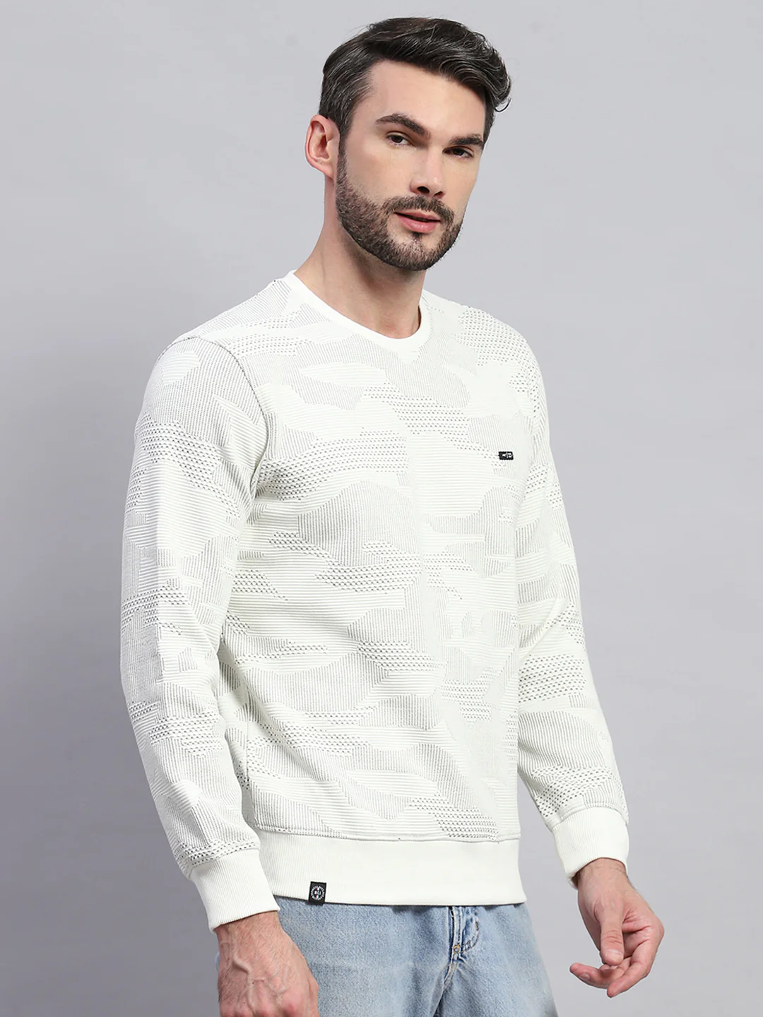 Men White Self Design Round Neck Full Sleeve T-Shirt - Image 4