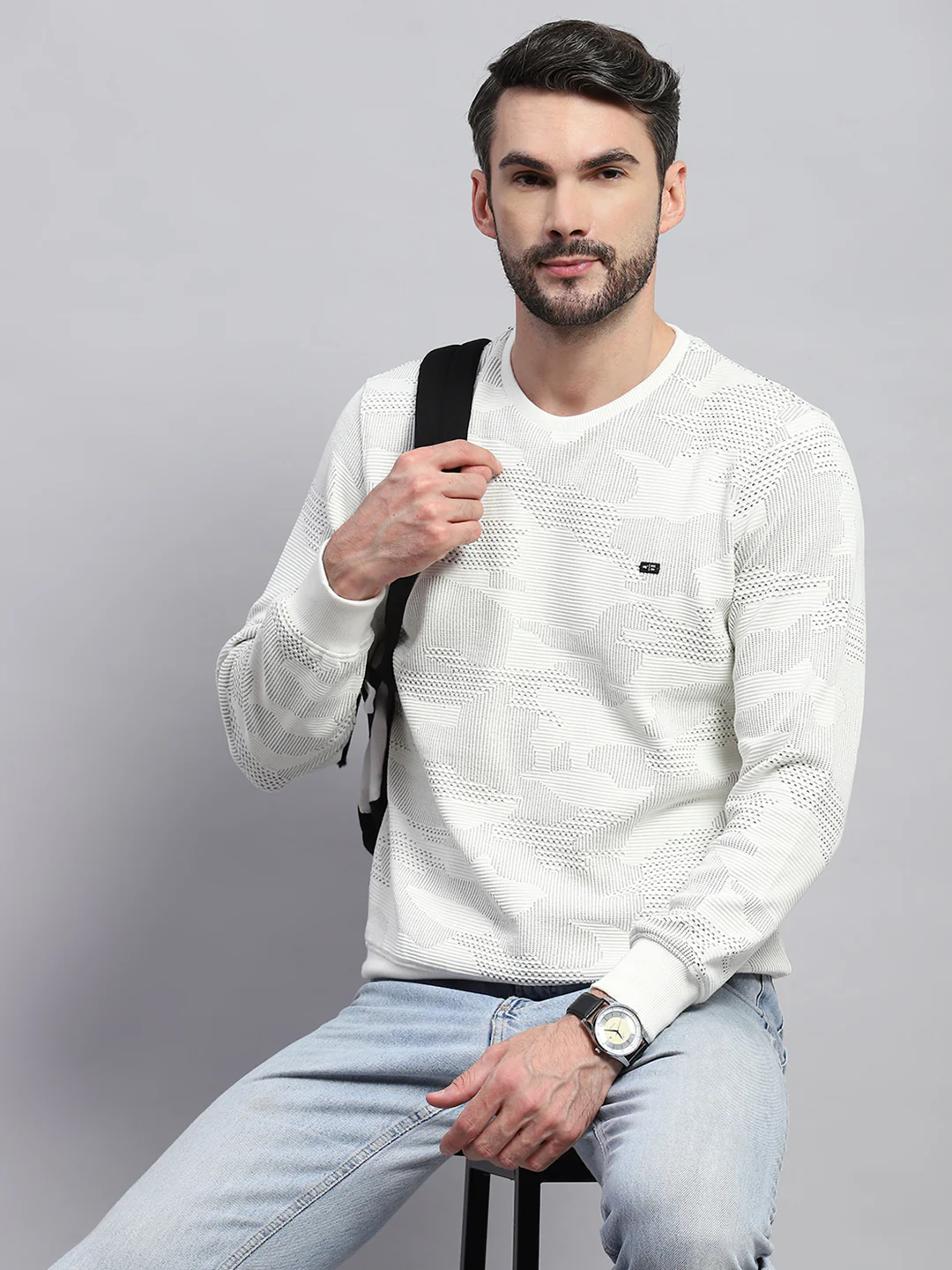 Men White Self Design Round Neck Full Sleeve T-Shirt - Image 6