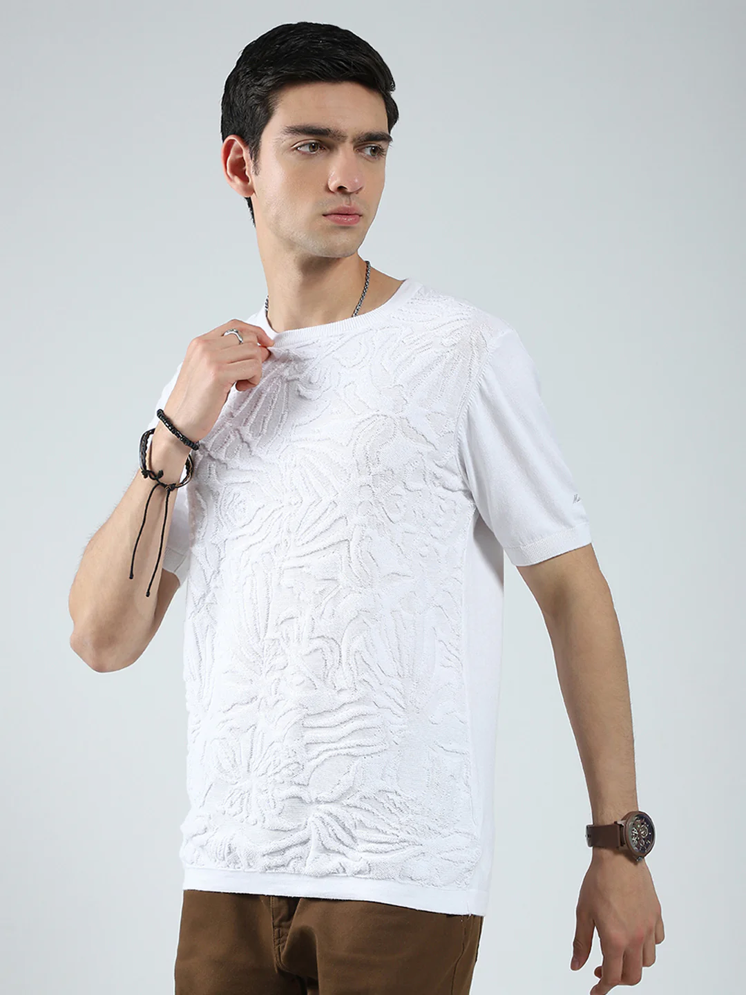 Men White Self Design Round Neck Half Sleeve T-Shirt - Image 3