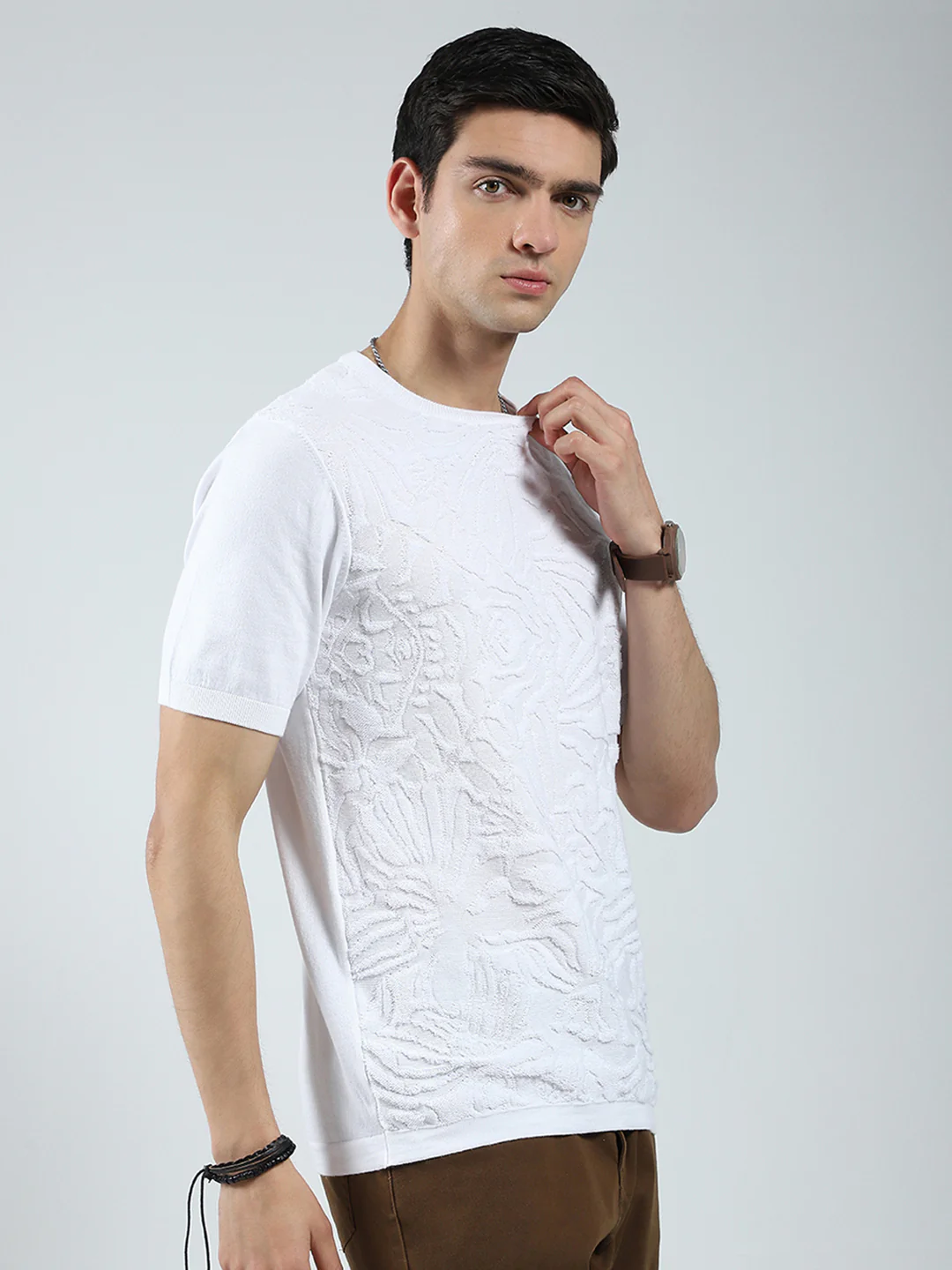 Men White Self Design Round Neck Half Sleeve T-Shirt - Image 4