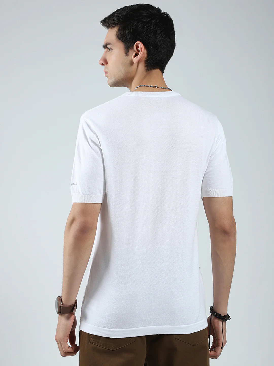 Men White Self Design Round Neck Half Sleeve T-Shirt - Image 5