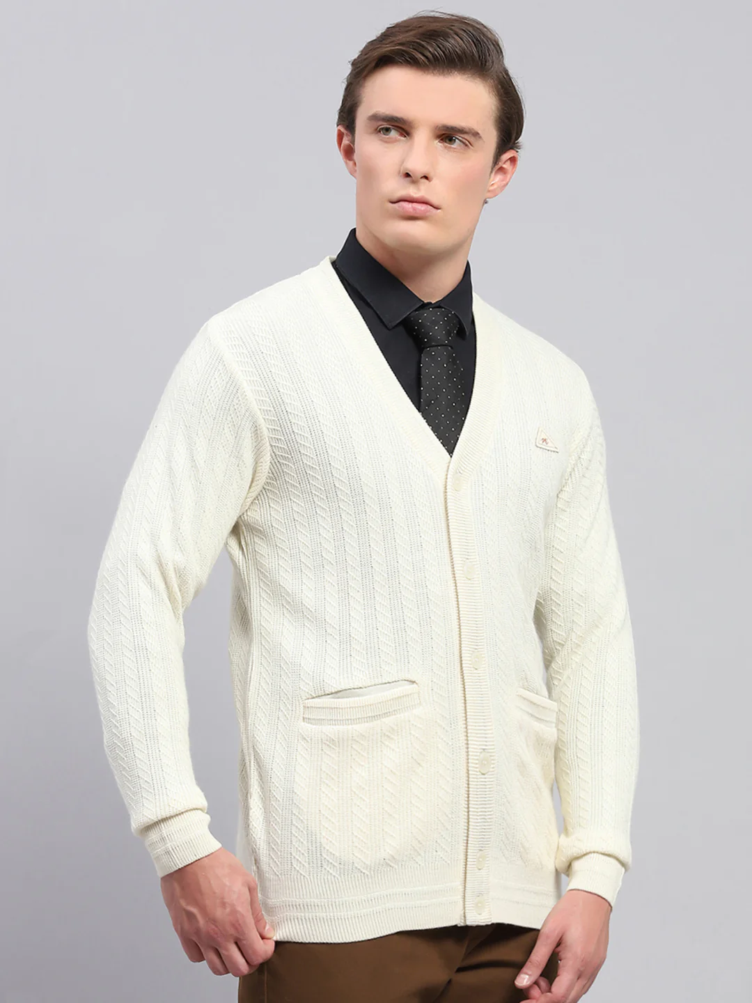 Men White Self Design V Neck Full Sleeve Cardigan - Image 4