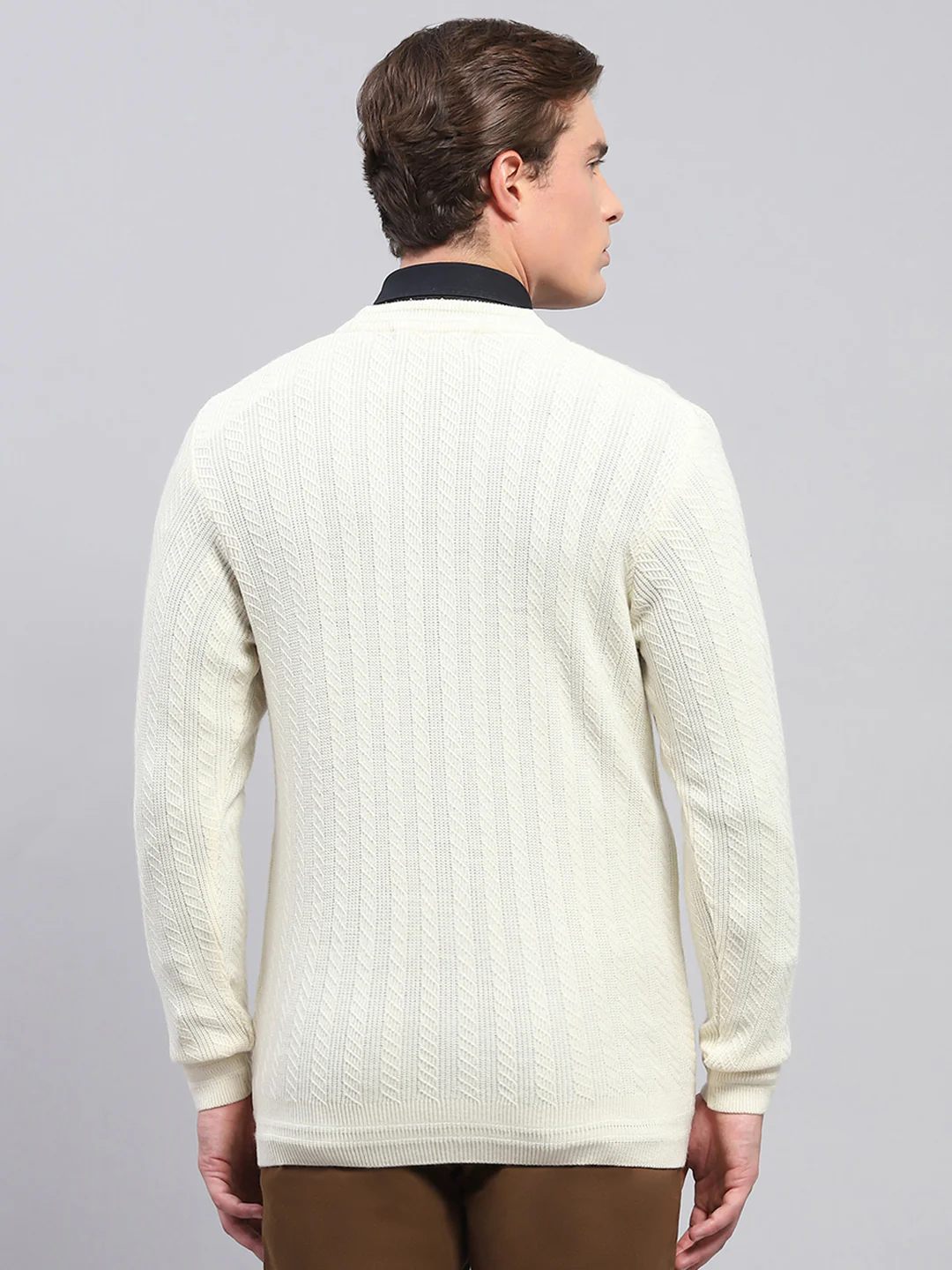 Men White Self Design V Neck Full Sleeve Cardigan - Image 5