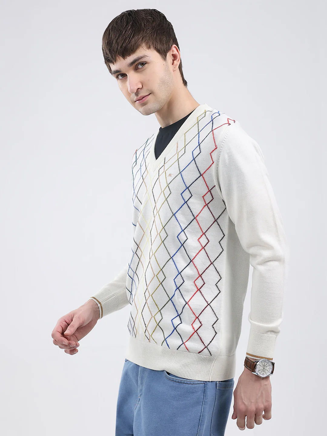 Men White Self Design V Neck Full Sleeve Pullover - Image 3