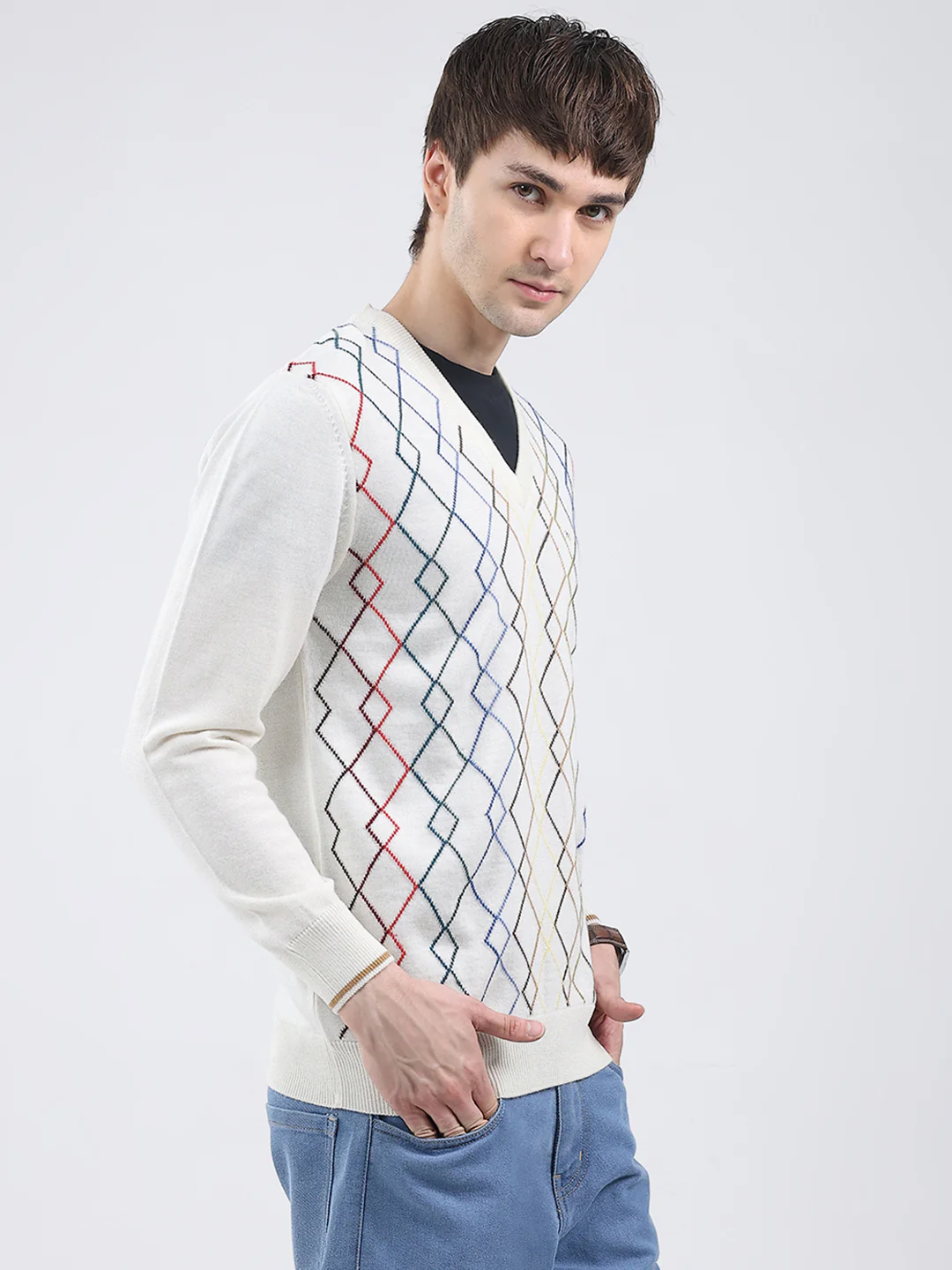 Men White Self Design V Neck Full Sleeve Pullover - Image 4