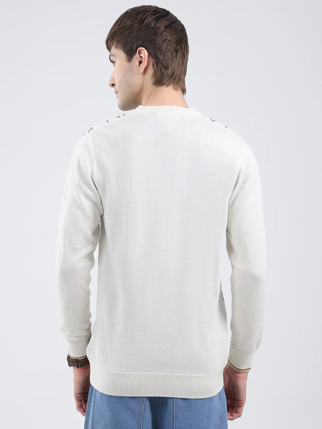 Men White Self Design V Neck Full Sleeve Pullover - Image 5