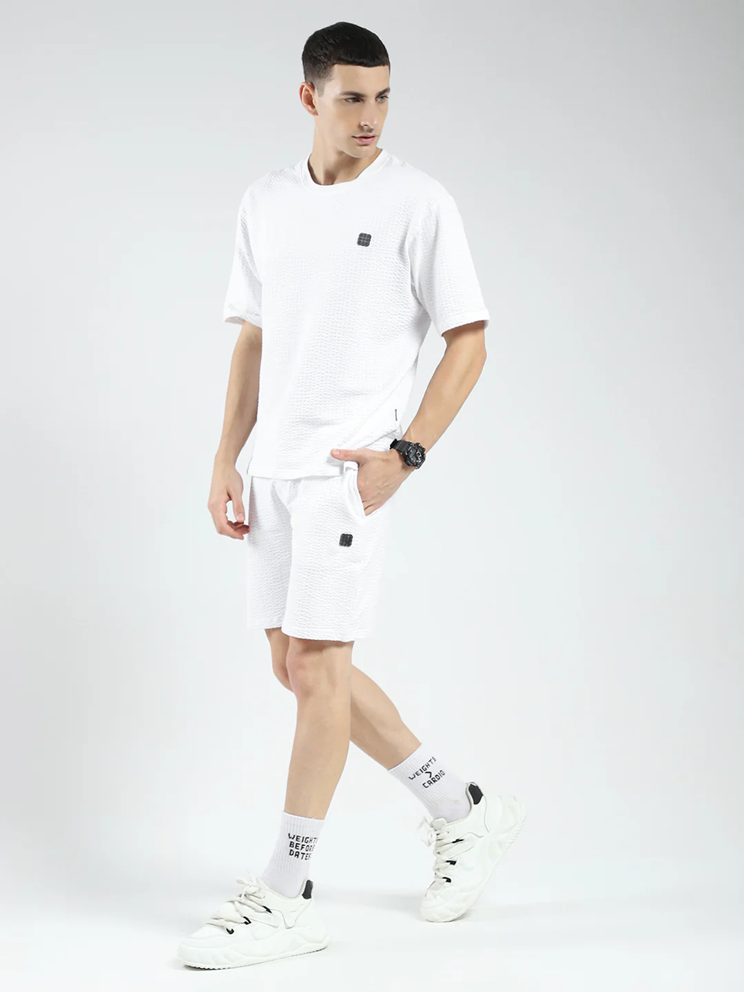 Rock.it Men White Self Design Round Neck Half Sleeve Shorts Set - Image 3