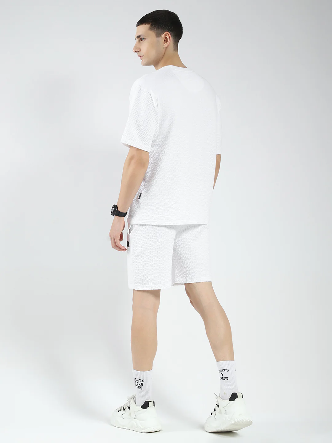 Rock.it Men White Self Design Round Neck Half Sleeve Shorts Set - Image 5