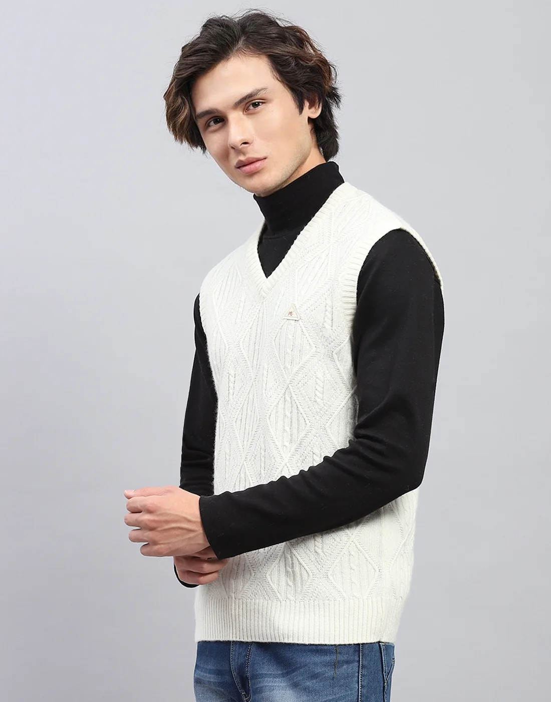 Men White Self Design V Neck Sleeveless Sweater - Image 3