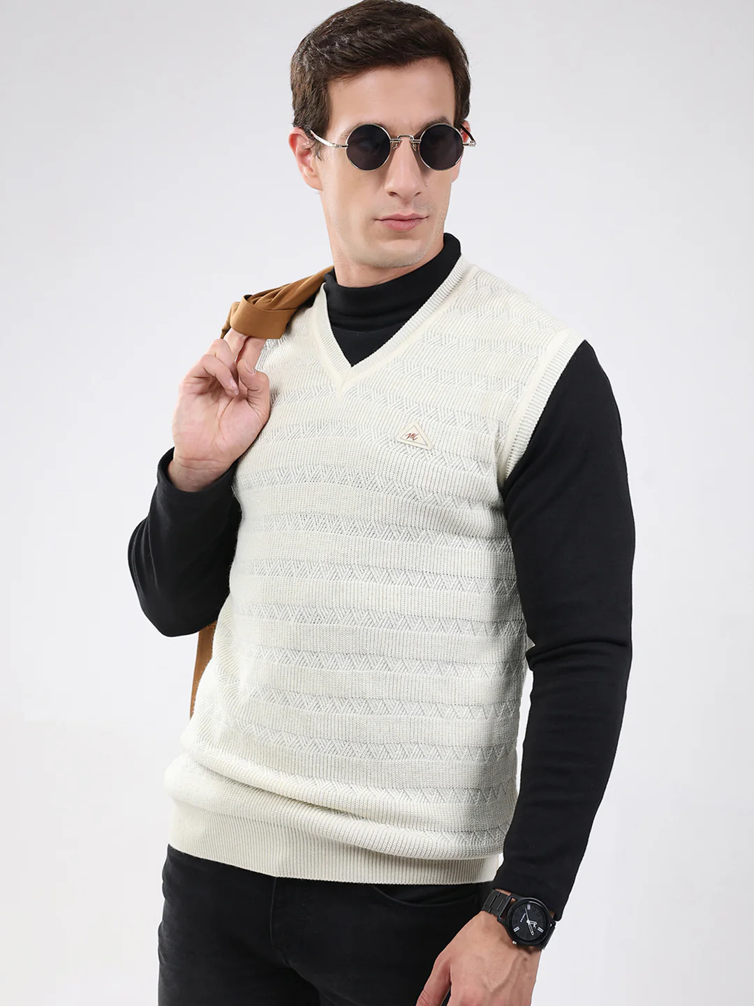 Men White Self Design V Neck Sleeveless Sweater - Image 6