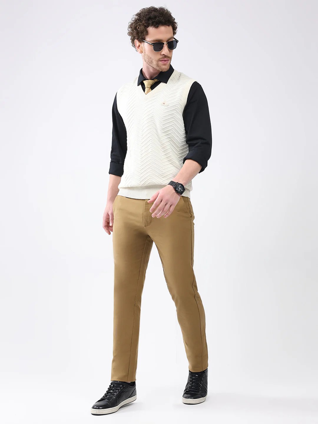 Men White Self Design V Neck Sleeveless Sweater - Image 2