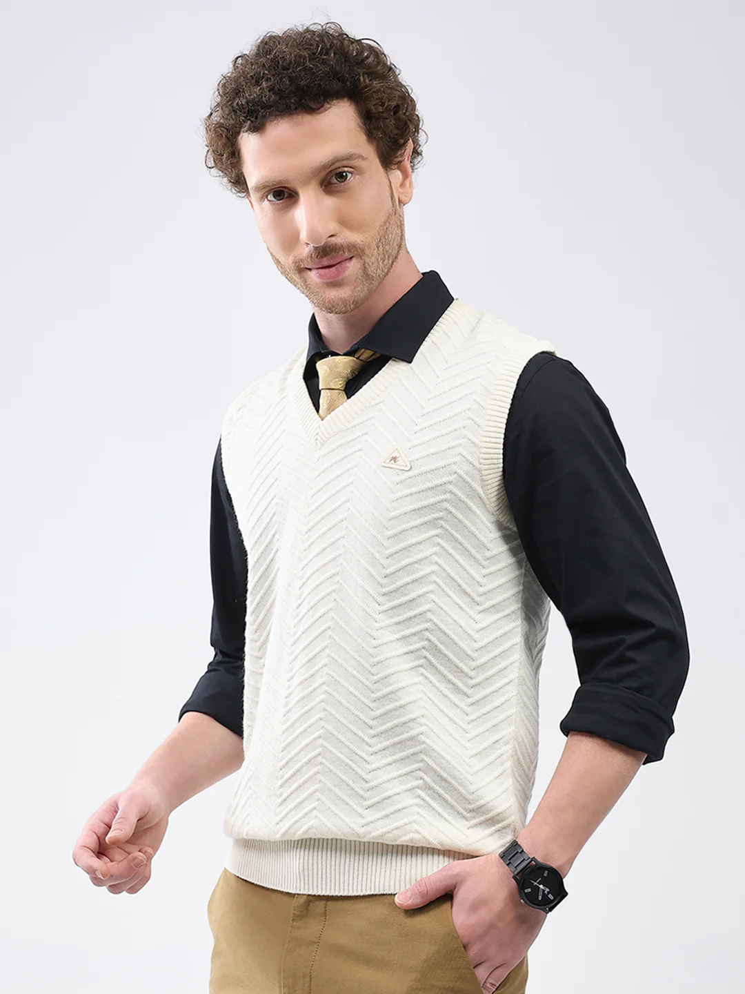 Men White Self Design V Neck Sleeveless Sweater - Image 3