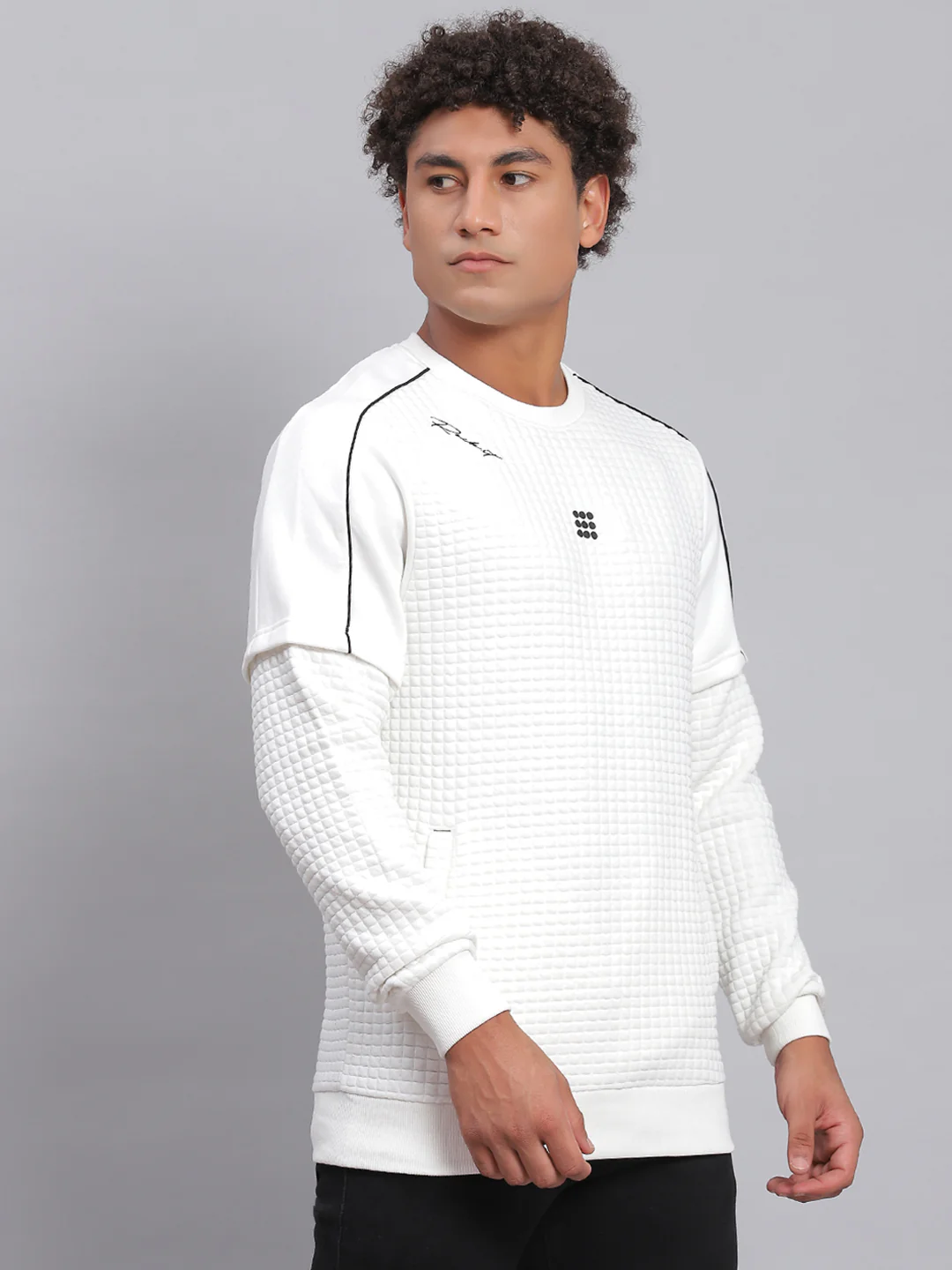 Rock.it Men White Self Design Round Neck Full Sleeve Sweatshirt - Image 4