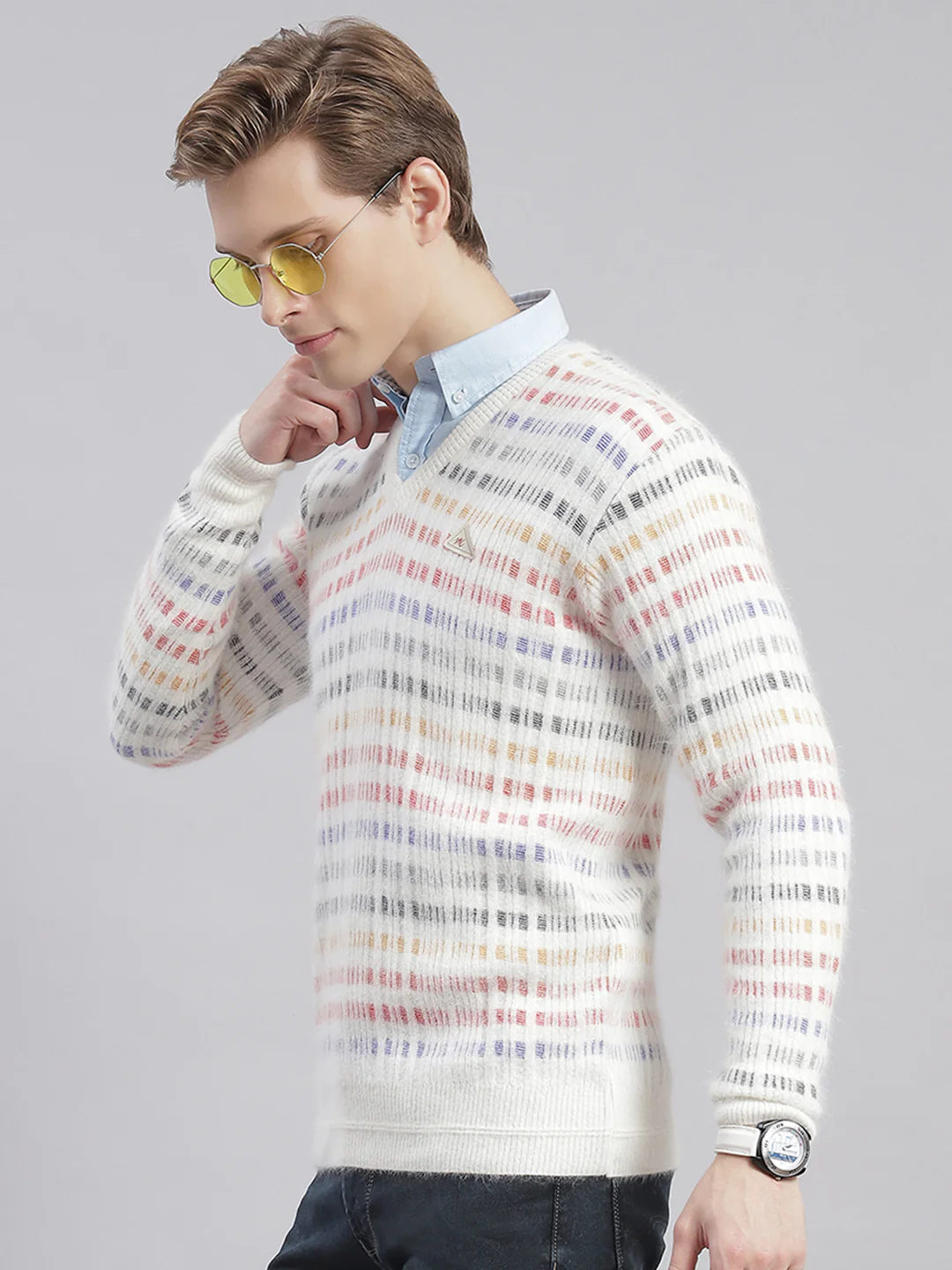 Men White Self Design V Neck Full Sleeve Sweaters/Pullovers - Image 3