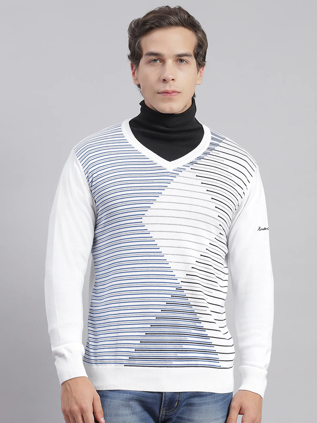 Men White Self Design V Neck Full Sleeve Sweaters/Pullovers - Image 2