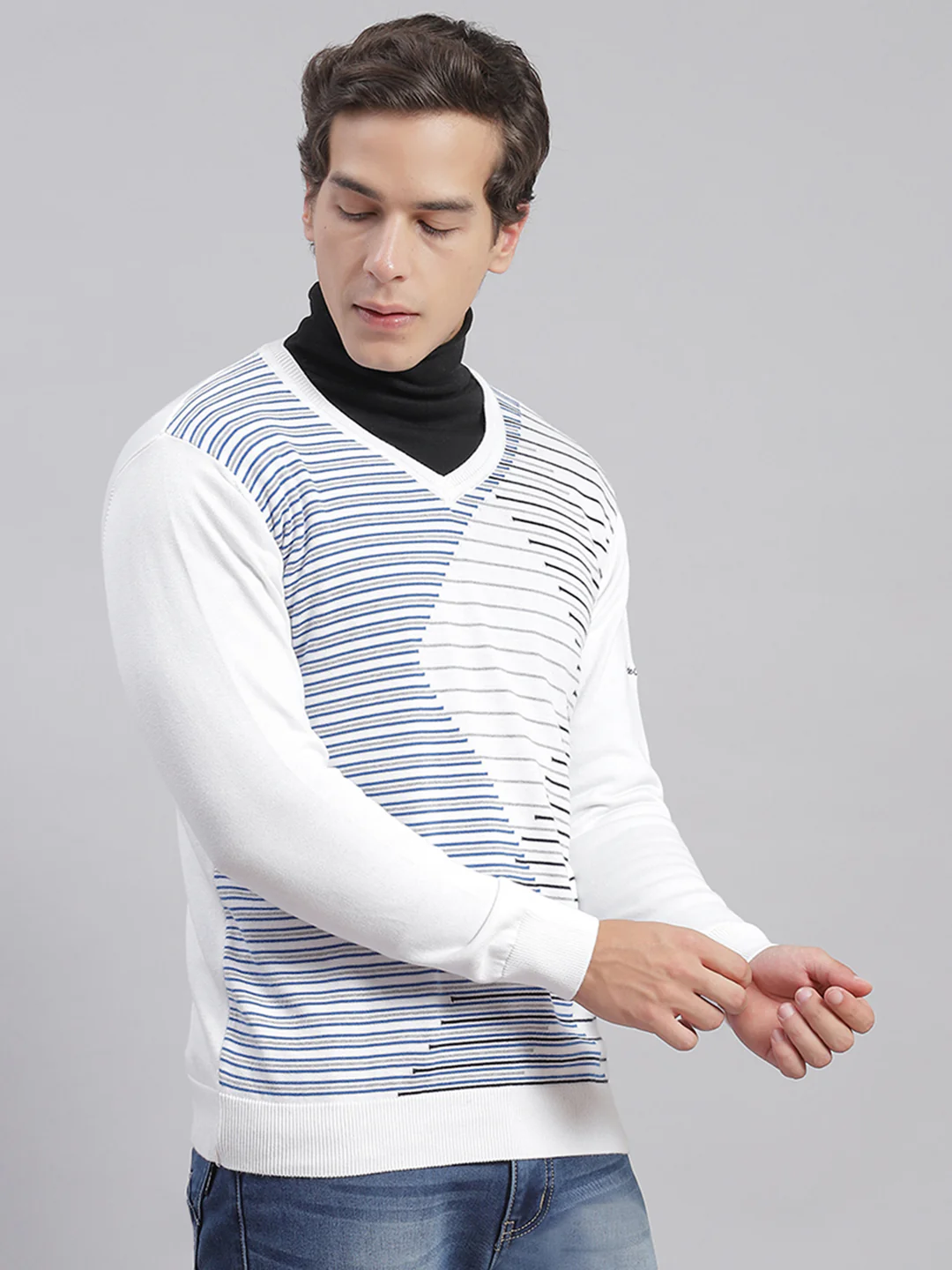 Men White Self Design V Neck Full Sleeve Sweaters/Pullovers - Image 3